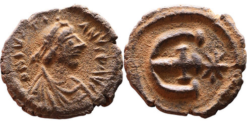 Ancient Byzantine Coin of Justinian I Ae16 Pentanummium minted in Antioch